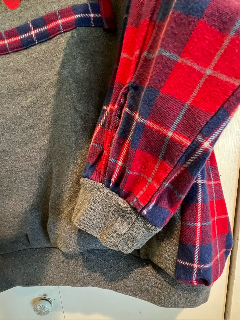 Upcycled❤️VOTE💙 Pullover Gray Sweatshirt with Plaid Flannel Sleeves - Picture 4 of 5